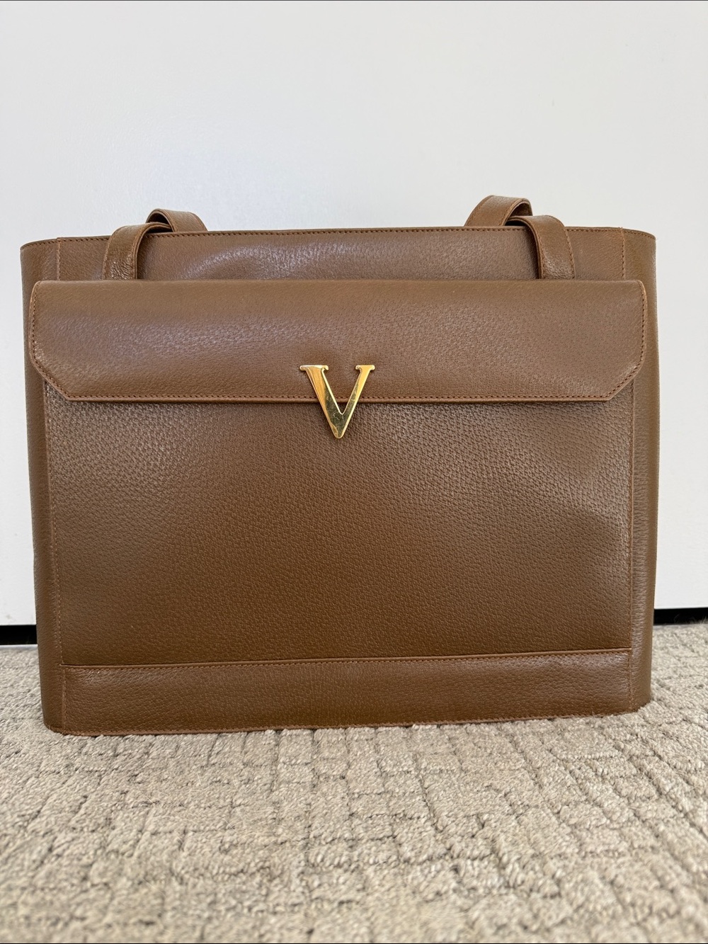 Vintage Valentino Garavani Les Sacs Brown Leather V-Logo Shoulder Tote Bag